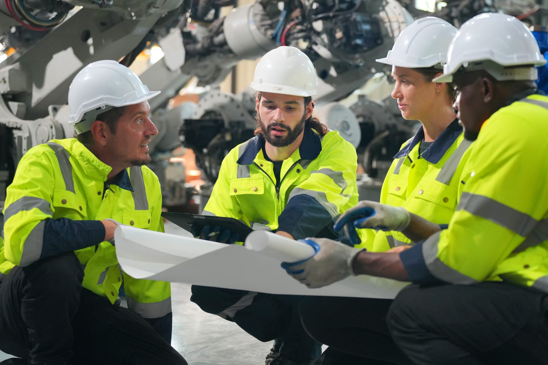 Installation crew reviewing drawings on site beside robotic equipment