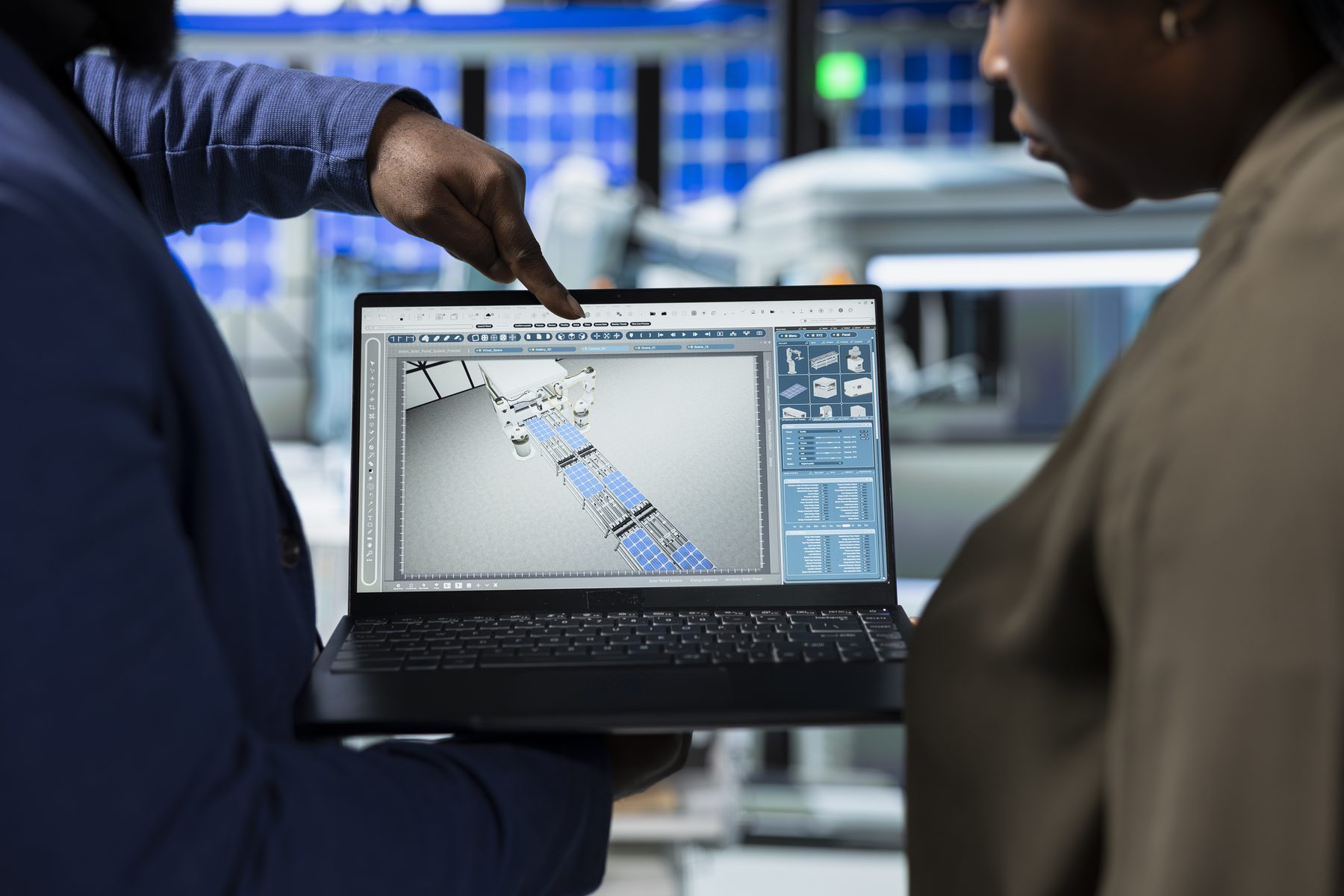 Engineers reviewing a production line model on a laptop
